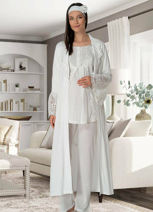 Burgundy Artemis Shopymommy 5353 Sandra 3-piece maternity and nursing pajamas set in light cream fabric, featuring comfortable lingerie style.