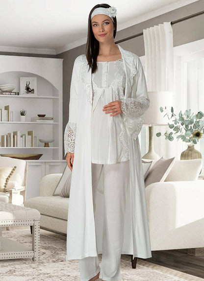 Burgundy Artemis Shopymommy 5353 Sandra 3-piece maternity and nursing pajamas set in light cream fabric, featuring comfortable lingerie style.