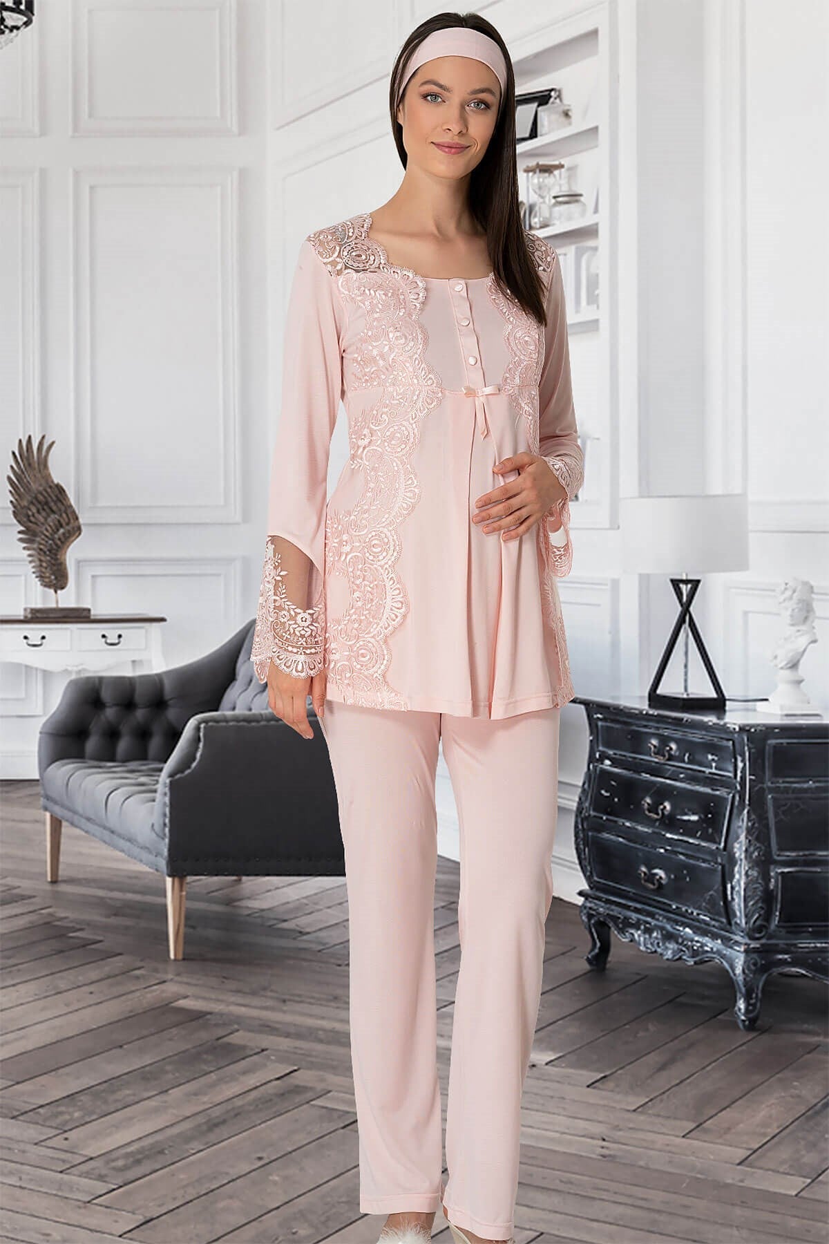 Burgundy Artemis Shopymommy 5353 Sandra 3-piece maternity and nursing pajamas set in soft fabric with lace details.
