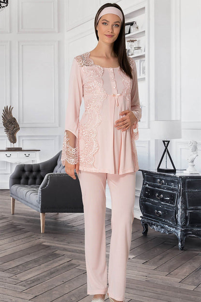 Burgundy Artemis Shopymommy 5353 Sandra 3-piece maternity and nursing pajamas set in soft fabric with lace details.