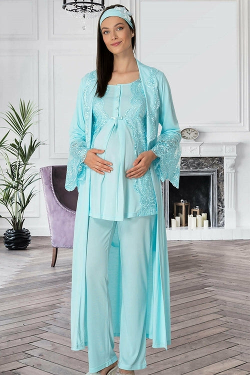 Burgundy Artemis Shopymommy Sandra 3-piece maternity and nursing pajamas set in turquoise with lace details, comfortable lingerie for moms
