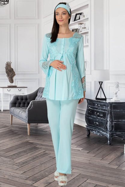 Burgundy Artemis Shopymommy Sandra 3-piece maternity and nursing pajamas set in turquoise, featuring comfortable lingerie and underwear.