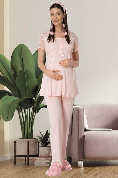 Burgundy Artemis Shopymommy 5422 lace sleeve maternity and nursing pajamas, soft fabric with lace detailing and comfortable fit.