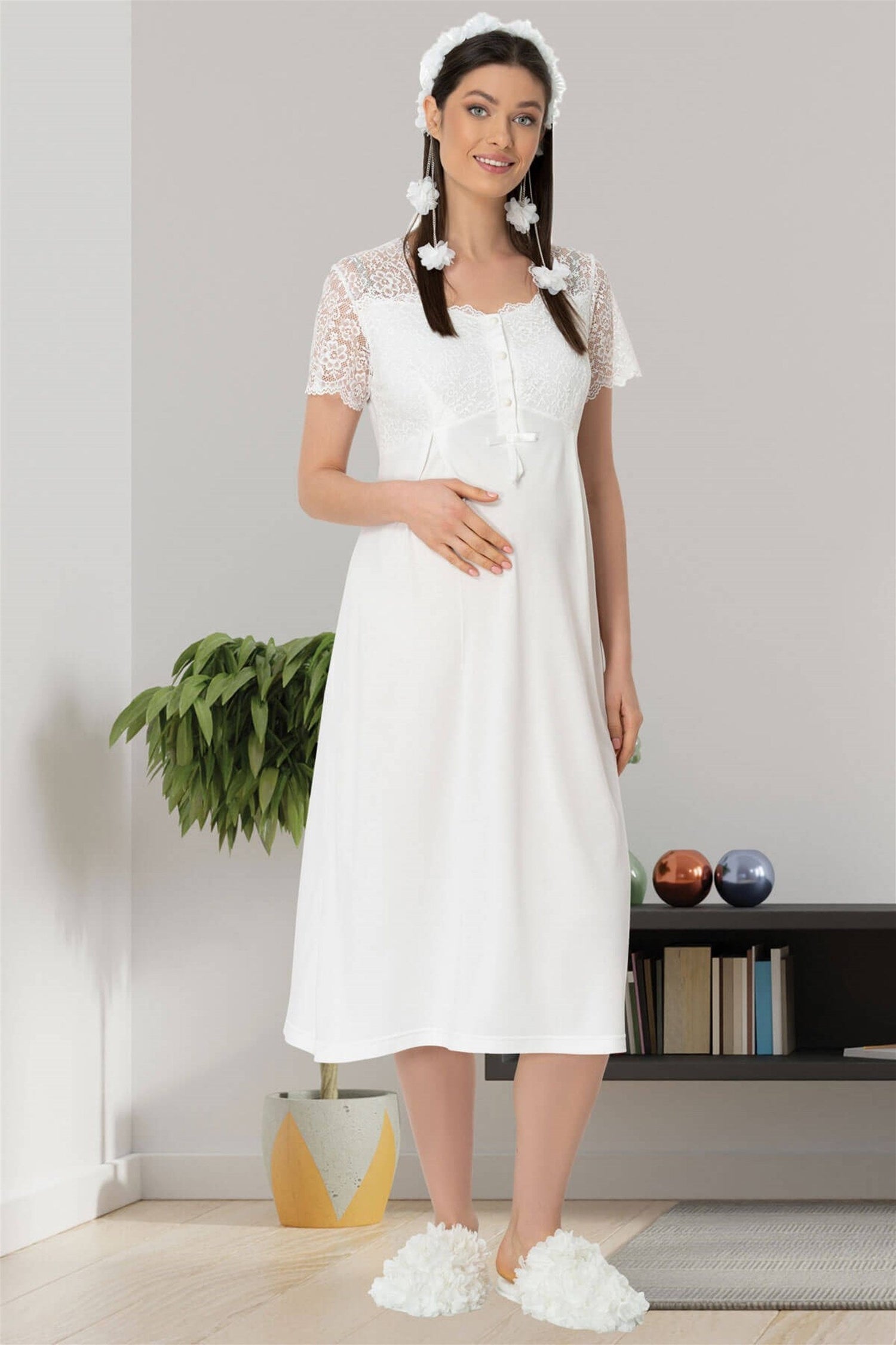 Burgundy Artemis Shopymommy 5439 lace sleeve maternity and nursing night gown, soft fabric, comfortable for pregnancy and nursing.