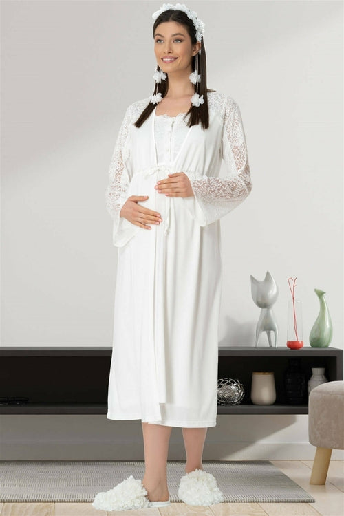 Burgundy Artemis Shopymommy 5439 lace sleeve maternity and nursing night gown, soft fabric with lace details and comfortable fit.