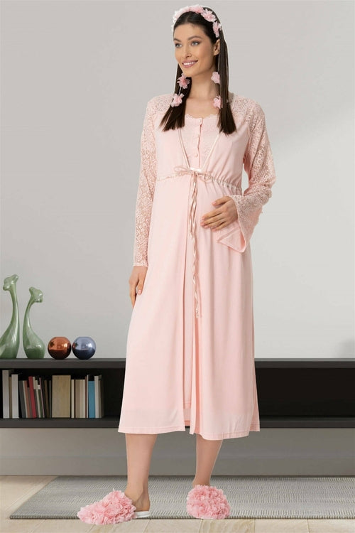 Burgundy Artemis Shopymommy 5439 lace sleeve maternity and nursing night gown, soft fabric with lace detail and comfortable fit.
