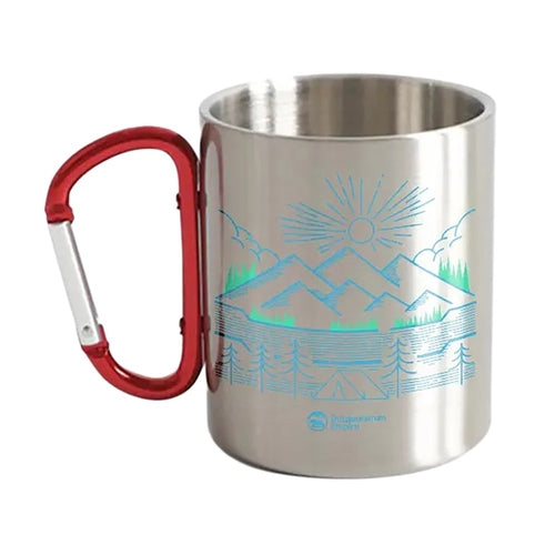 Crimson Eurybia camping lines carabiner mug attached to a backpack, outdoor gear for camping and hiking adventures.
