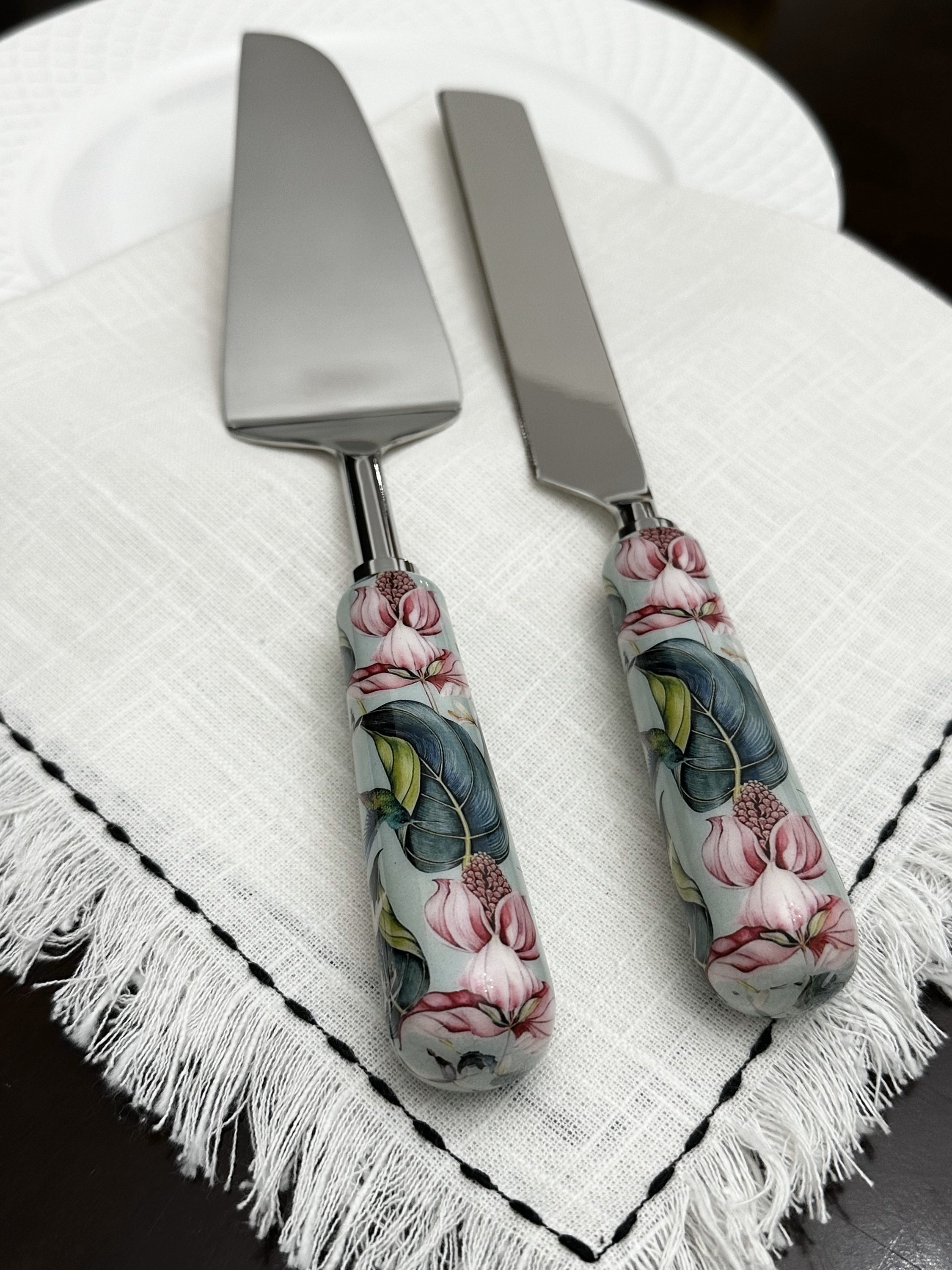 Gold Juniper floral cake cutting knife and server set with intricate mint meenakari work, perfect for elegant home and garden celebrations.