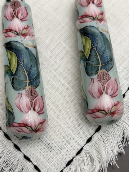 Gold Juniper floral cake cutting knife and server set with mint meenakari work, elegant home and garden dessert serving tools.