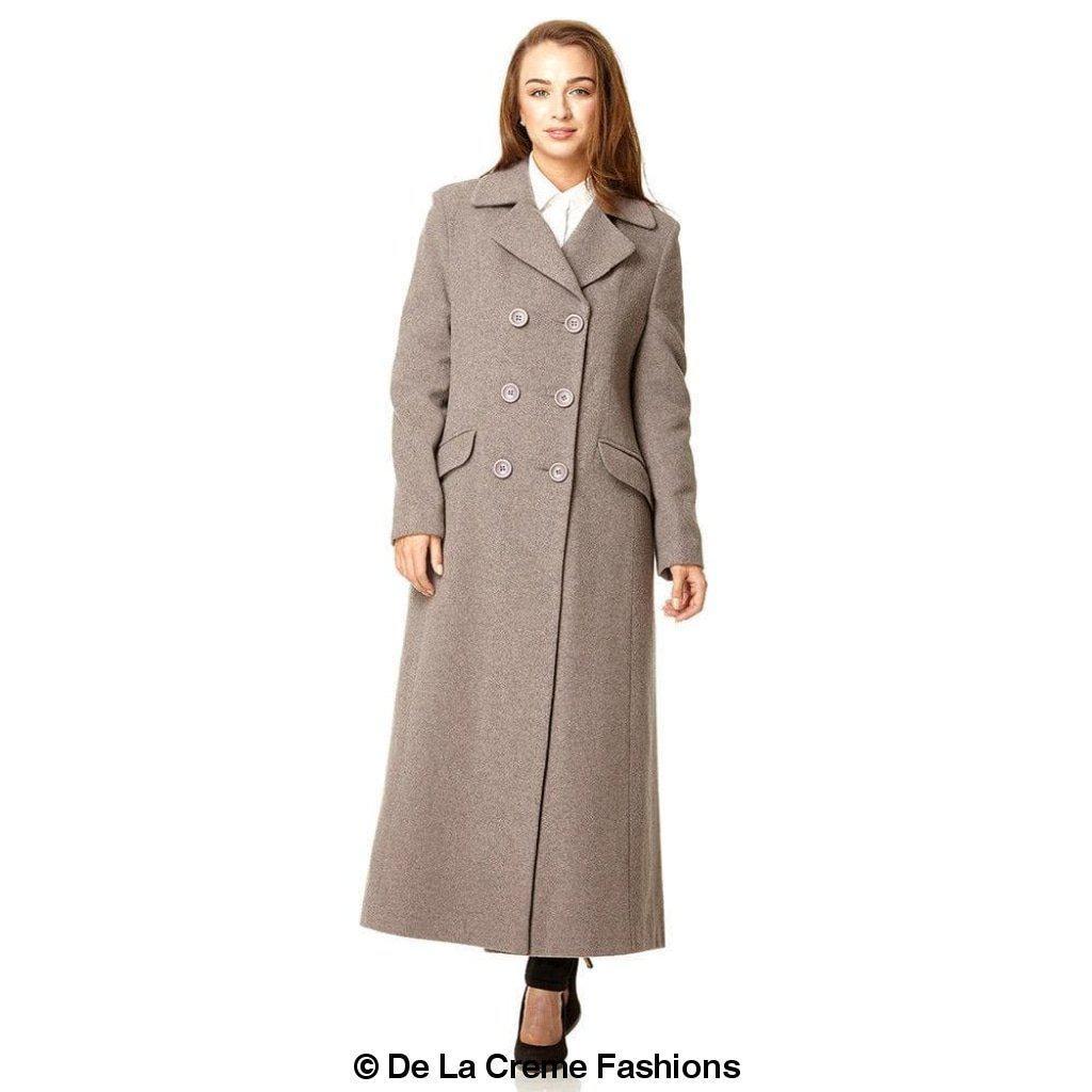 Rose Eleusis wool blend double-breasted long coat worn by a model, stylish winter jacket with classic design and tailored fit.