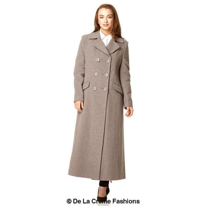 Rose Eleusis wool blend double-breasted long coat worn by a model, stylish winter jacket with classic design and tailored fit.