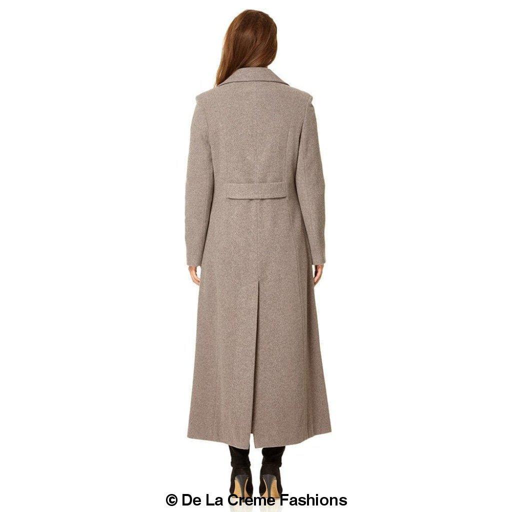 Rose Eleusis wool blend double-breasted long coat with lapels, tailored fit, and winter warmth, shown in a stylish outdoor setting.