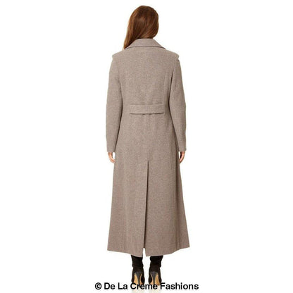Rose Eleusis wool blend double-breasted long coat with lapels, tailored fit, and winter warmth, shown in a stylish outdoor setting.