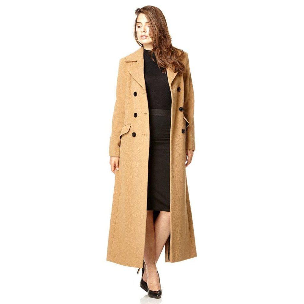 Rose Eleusis wool blend double-breasted long coat with lapels, shown in a cozy winter jacket style.