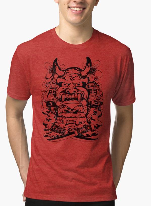 Red Malange T-shirt featuring a Japanese demon design by Scorpius, with bold, intricate artwork on a casual T-shirt.