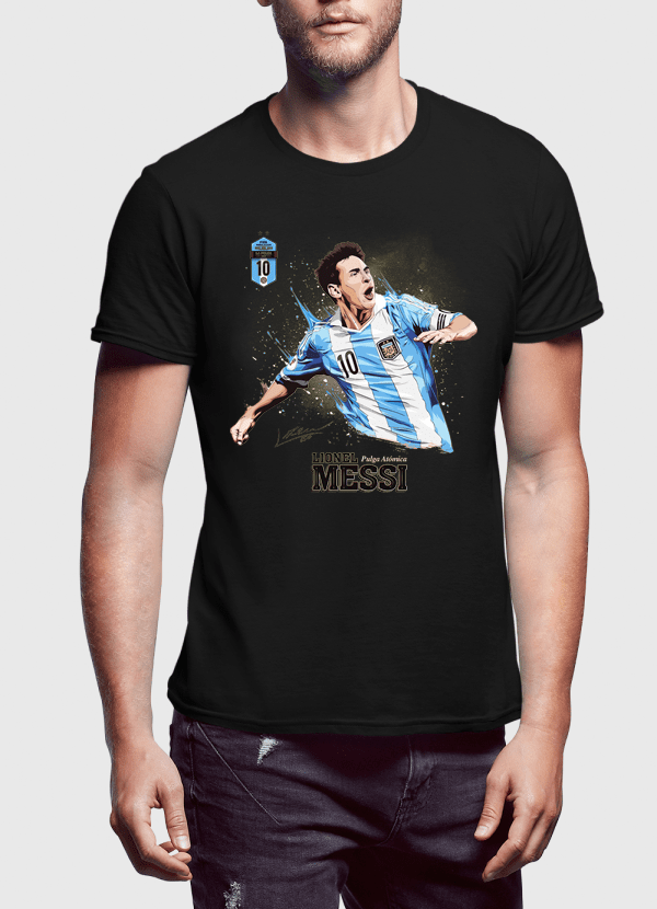 Messi half-sleeves T-shirt from Scorpius featuring a graphic design of Lionel Messi on a casual black T-shirt.