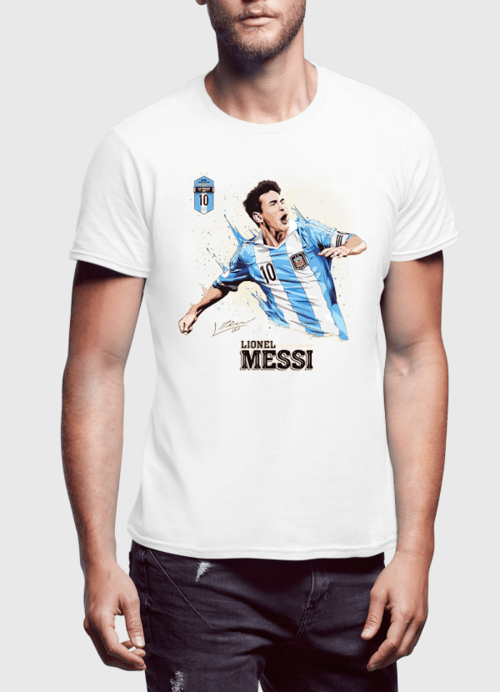 Messi half-sleeves T-shirt by Scorpius featuring a graphic design of Lionel Messi on the front, casual sportswear for men.