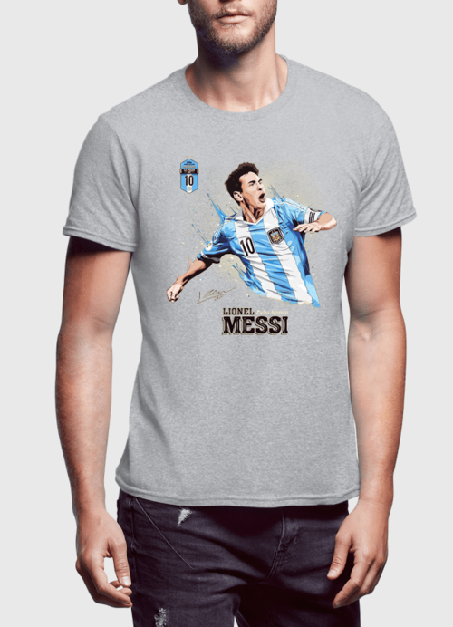 Messi half-sleeves T-shirt by Scorpius featuring a graphic design of Lionel Messi on the front.