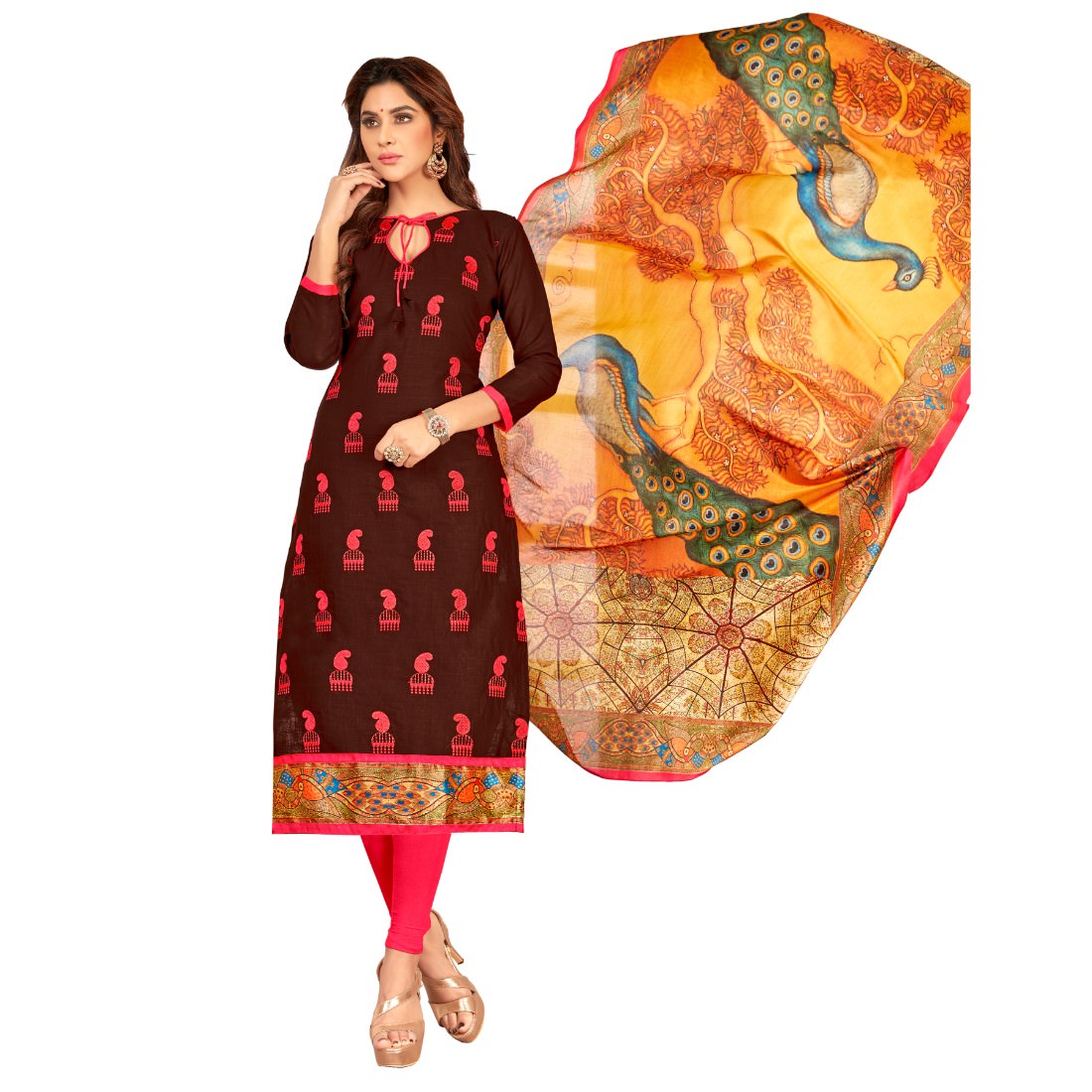 Brown slub cotton fabric dress material for women&
