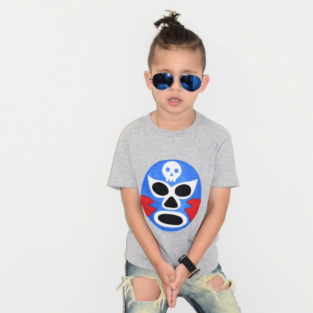 Kids Sky Blue Milo Luchador T-shirt in vibrant blue with luchador graphic, perfect for kids and babies.