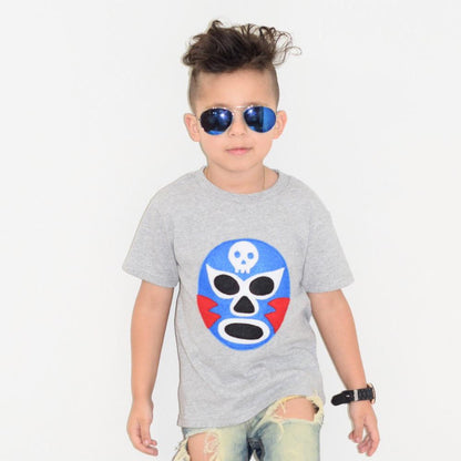 Kids Sky Blue Milo Luchador T-shirt featuring a colorful luchador design on soft cotton fabric.