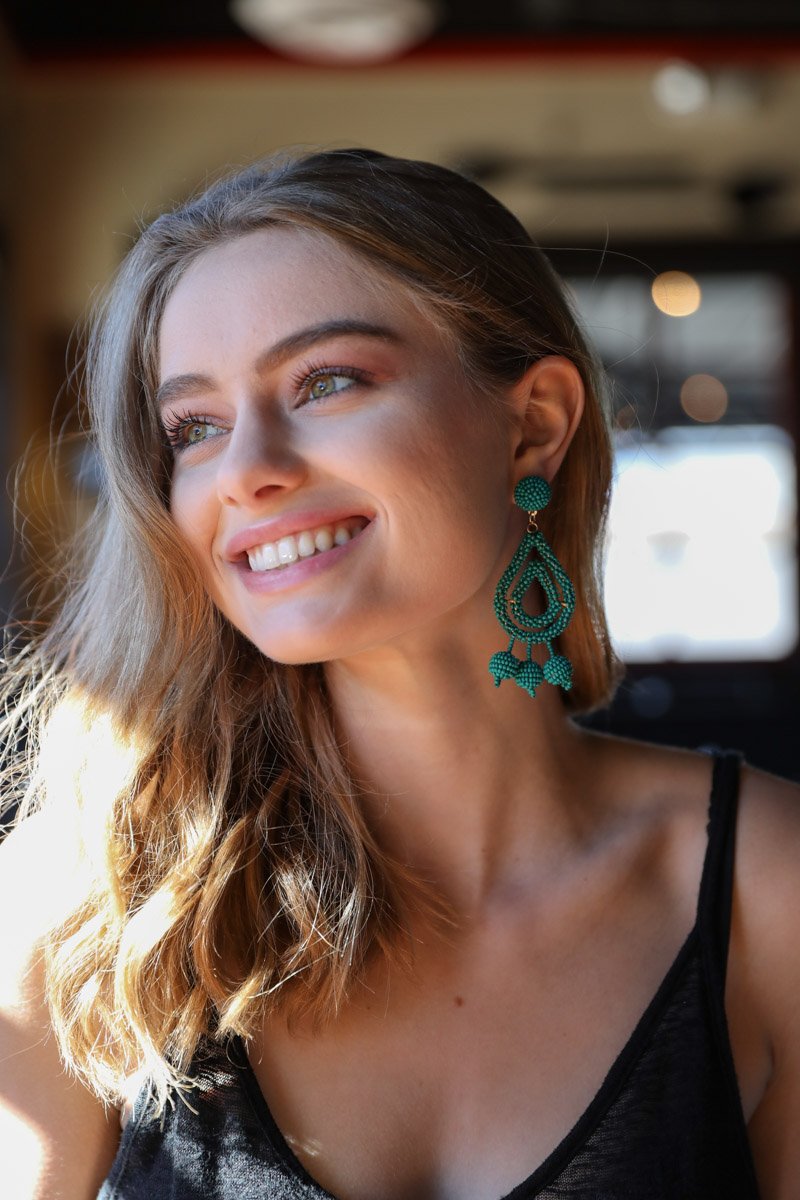 Periwinkle Aether micro bead dangle earrings with jade beads, delicate accessories for a stylish look