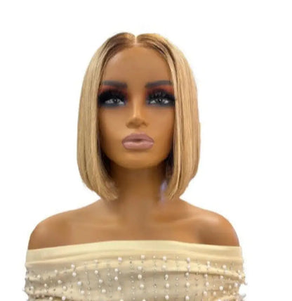 Peach Clymene Holly straight HD lace human hair wig with blonde color, mid-length bob style, lace part closure for natural look