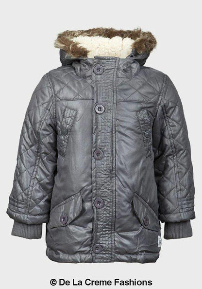 Minoti boys quilted winter padded jacket with faux fur hood, puffa coat, warm and stylish for cold weather.