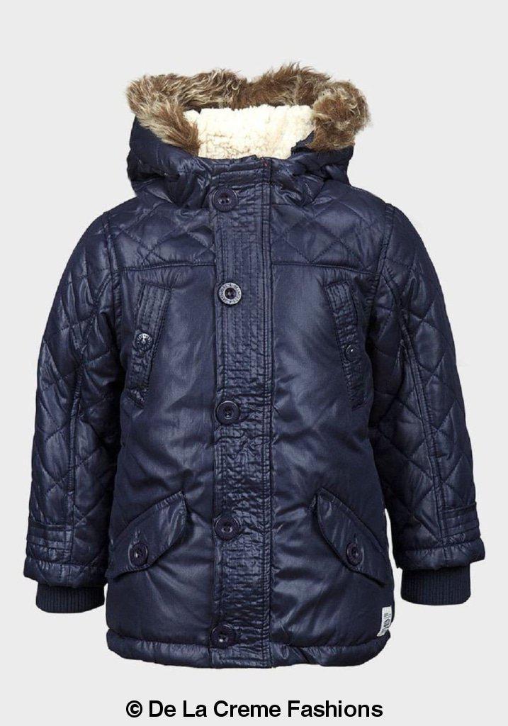 Minoti boys quilted winter padded jacket with faux fur hood, lightweight puffa coat, warm and stylish for cold weather.