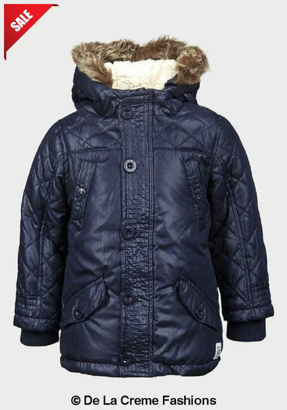 Minoti boys quilted winter padded jacket with faux fur hood, navy puffa coat for 3-4 years, warm and stylish outerwear.