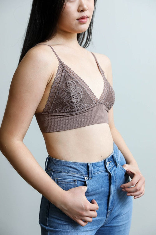 Mocha waistband loop lace brami by Periwinkle Aether featuring adjustable straps and a feminine stretchy cami top design.