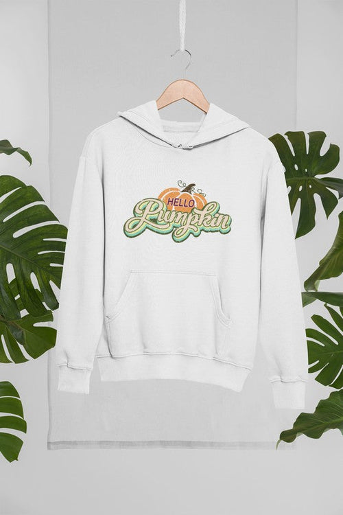 Jade Thalassa Hello Pumpkin hoodie displayed as a pullover hoodie in a tropical setting with vibrant background.