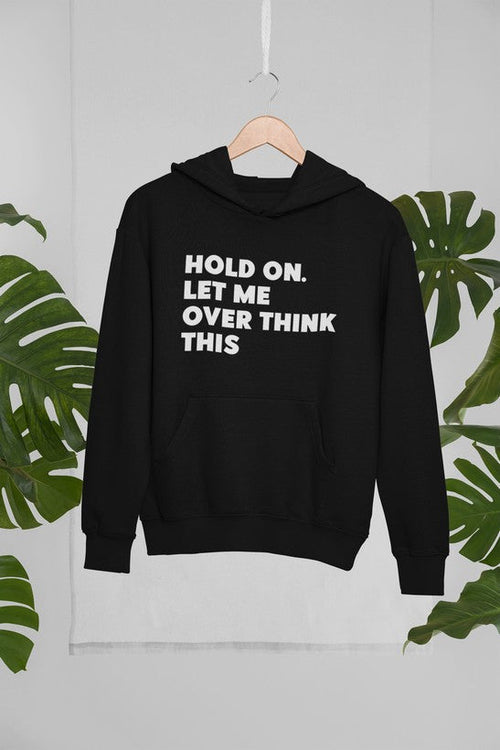 Jade Thalassa "Hold On Let Me Overthink This" hoodie mockup featuring a hanged design in a tropical setting.