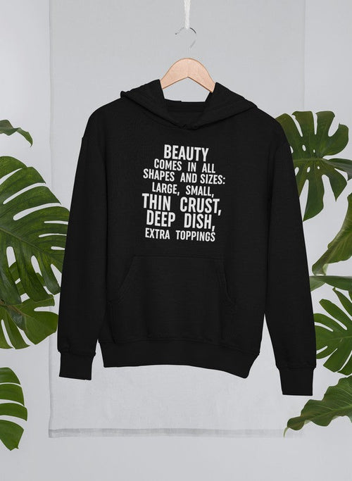 Jade Thalassa Beauty Comes in All Shapes hoodie, tropical setting mockup, featuring a pullover hoodie with colorful graphic design.