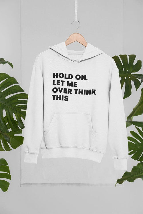 Jade Thalassa "Hold On Let Me Overthink This" hoodie mockup featuring a hanged design in a tropical setting.