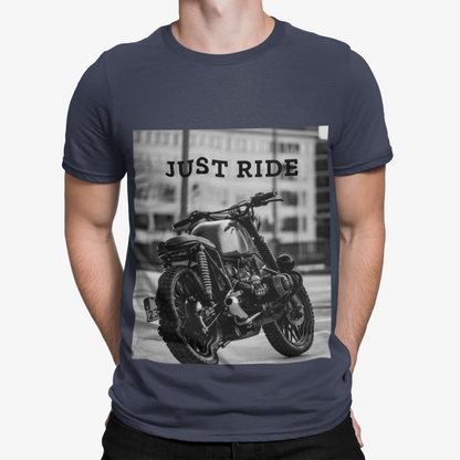 Man wearing Yellow Pandora Motorcycle Just Ride heavy cotton T-shirt, showcasing a casual motorcycle-themed T-shirt on plain background.
