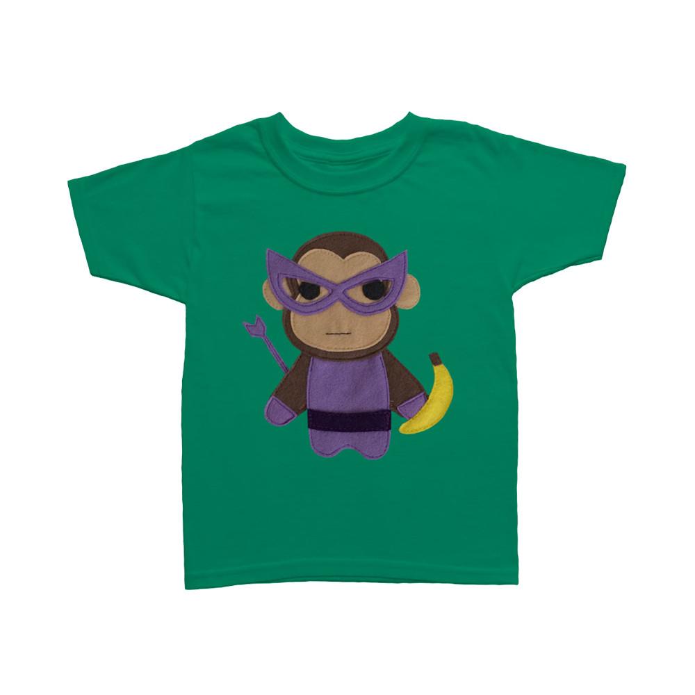 Kids superhero shirt by Sky Blue Milo featuring a playful monkey design for children and babies.