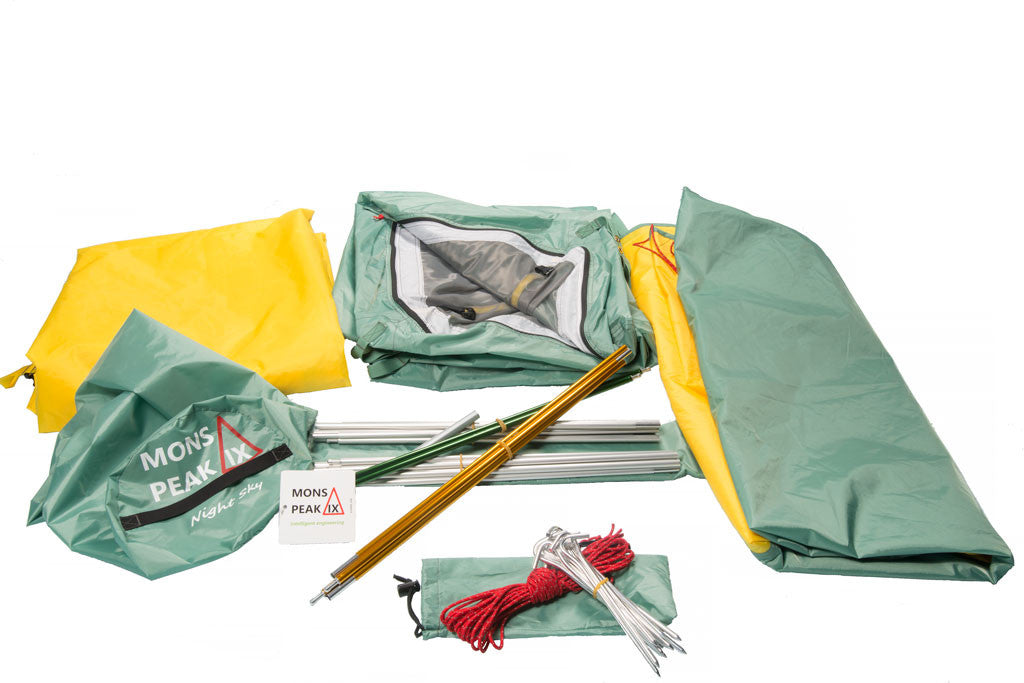 Triangulum Night Sky 3- or 4-person 2-in-1 camping backpacking tent set up outdoors with rainfly and mesh windows.