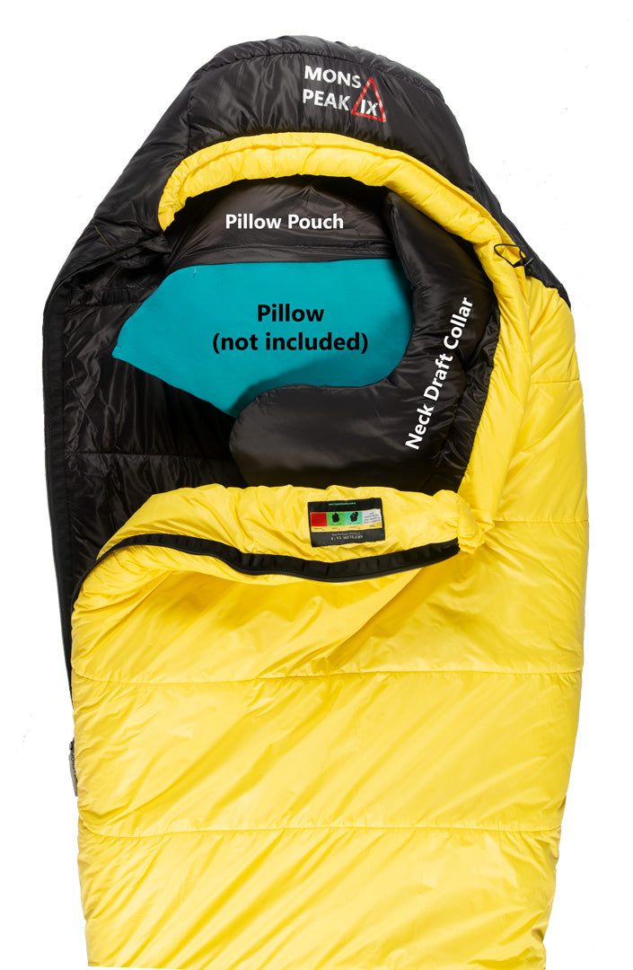 Triangulum Settler 15F sleeping bag for camping, shown with R-zipper and insulated interior for cold-weather outdoor sleeping.