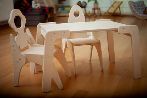 Red Oceanus Montessori table and chair set for kids, featuring a sturdy wooden furniture set for early childhood learning and play.