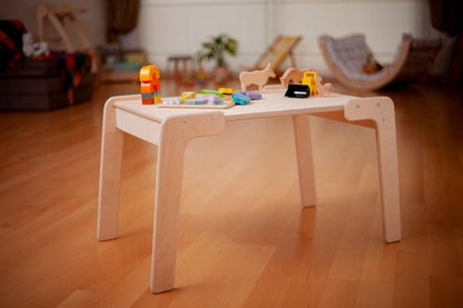 Red Oceanus Montessori table and chair set for kids, featuring a wooden table with matching small chairs perfect for learning and play.