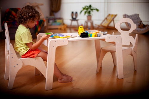 Red Oceanus Montessori table and chair set for kids, featuring a child-sized wooden table with matching chairs for early learning.