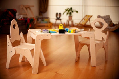 Red Oceanus Montessori table and chair set for kids, featuring natural wood finish and child-sized furniture for learning and play.