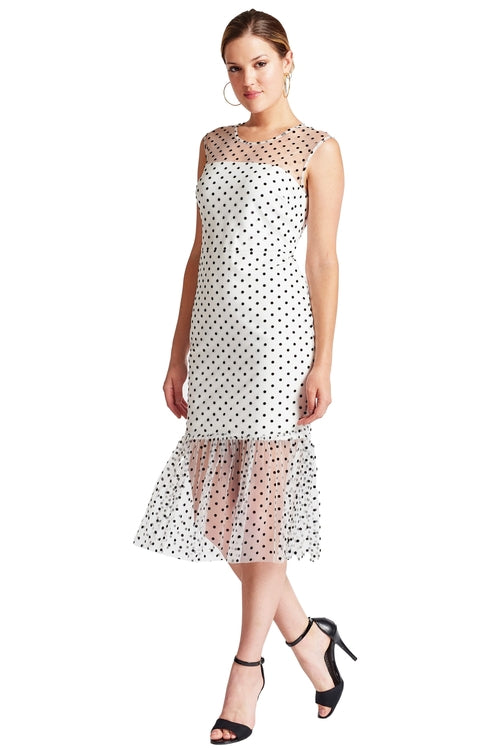Peach Dionysus Muse Dress, sleeveless polka dot midi mesh dress with a fitted silhouette and stylish design.