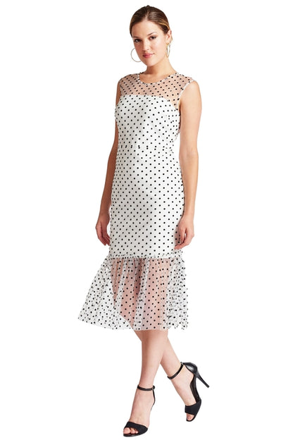 Peach Dionysus Muse Dress, sleeveless polka dot midi mesh dress with a fitted silhouette and stylish design.