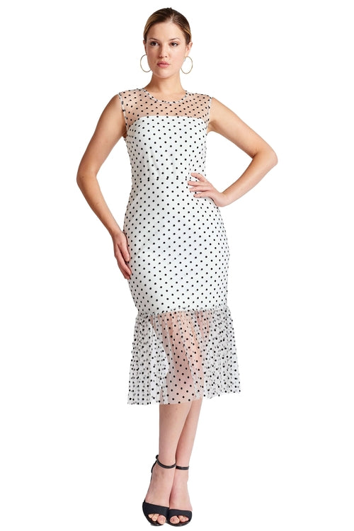 Peach Dionysus Muse Dress, sleeveless polka dot midi mesh dress with a fitted bodice and flowy skirt, perfect for summer events.