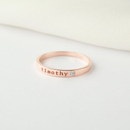 Green Millie personalized name ring with embedded birthstone, stackable mom ring featuring custom engraved name.