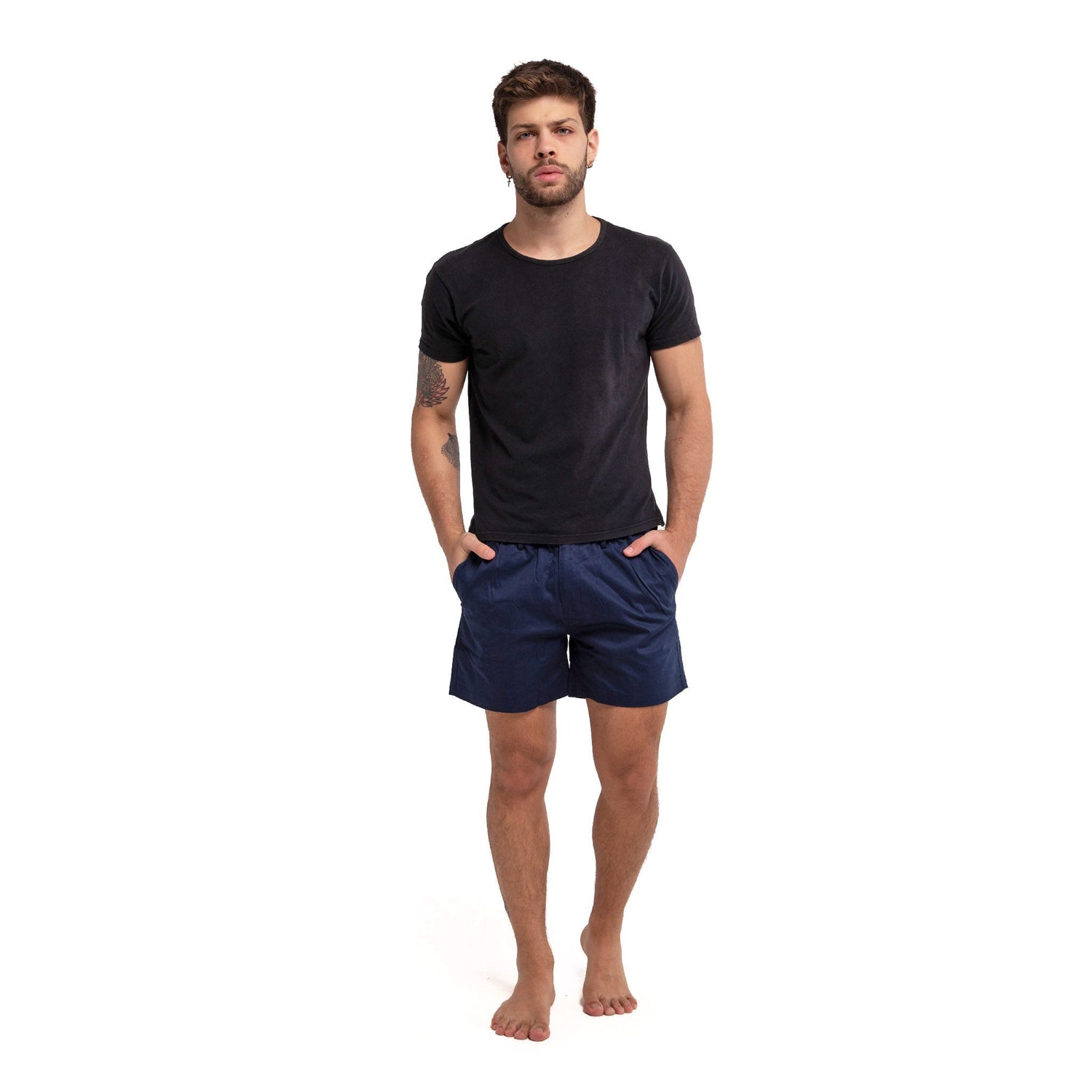 Ruby Tartarus navy cotton swimwear shorts with a relaxed fit and elastic waistband, suitable for beach or poolside wear.