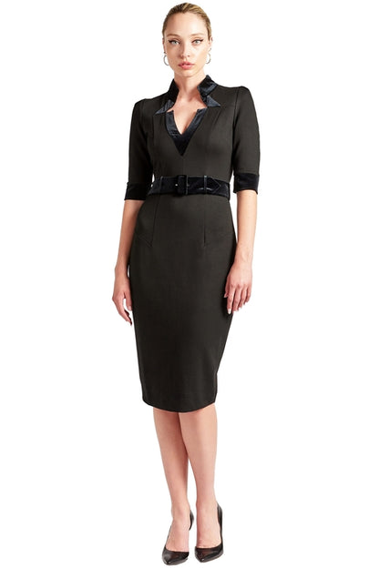 Peach Dionysus Nicola sheath dress with elbow sleeves, notch neckline, contrast velvet bands, and a waist belt, made of ponte fabric.