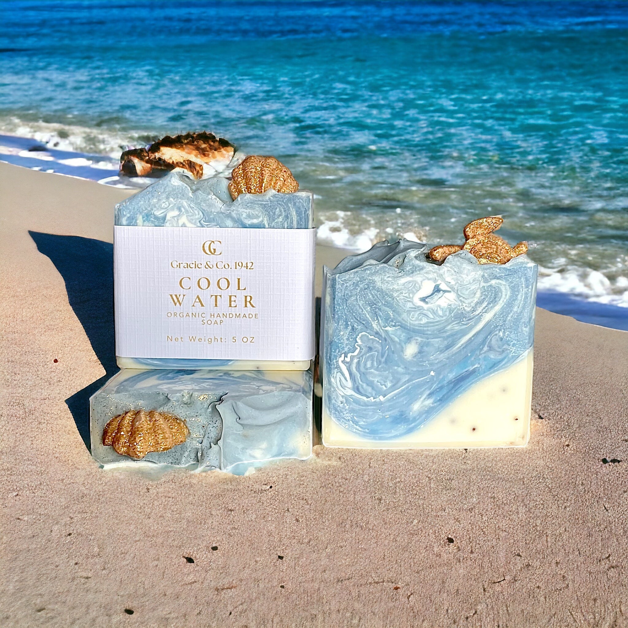 Emerald Tulsi Sea Salt Agave Shea Butter Soap bar with coastal spa-inspired design, showcasing textured surface and natural ingredients.